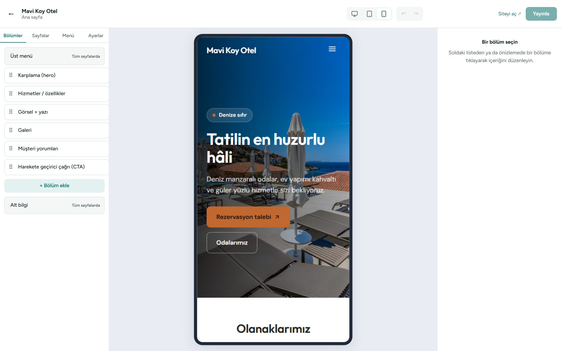 Editörde telefon önizlemesi: otel sitesinin telefon ekranındaki görünümü