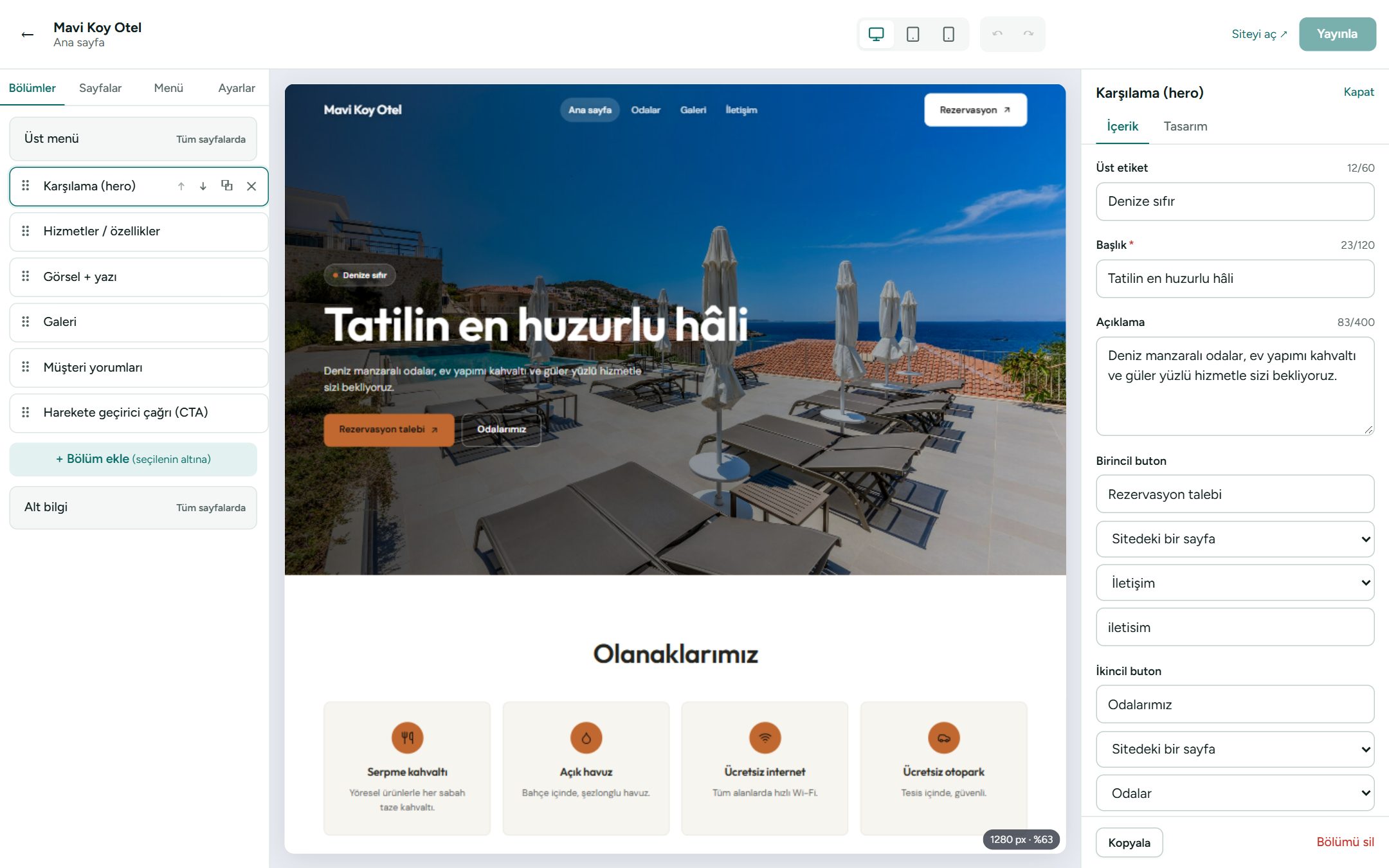 Panasis site editörü: solda bölümler, ortada sitenin önizlemesi, sağda seçili bölümün alanları