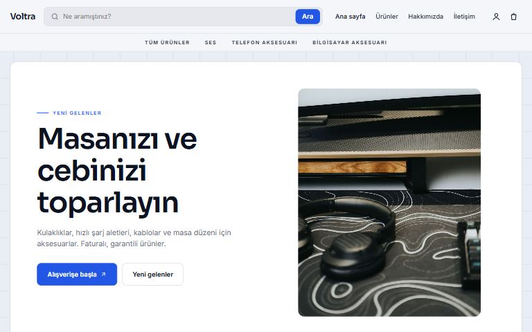 Elektronik ve aksesuar şablonu: Voltra örnek sitesi