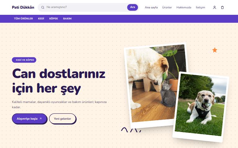 Evcil hayvan ürünleri şablonu: Pati Dükkân örnek sitesi