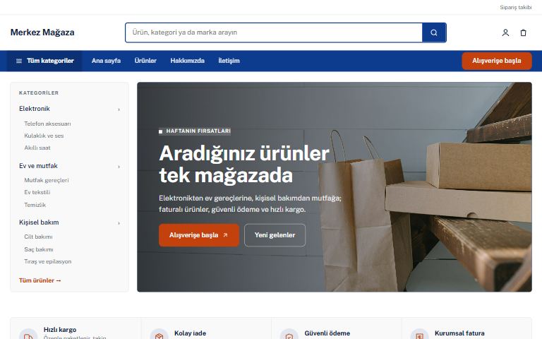 Çok kategorili mağaza şablonu: Merkez Mağaza örnek sitesi