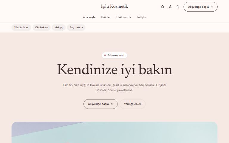 Kozmetik ve kişisel bakım şablonu: Işıltı Kozmetik örnek sitesi