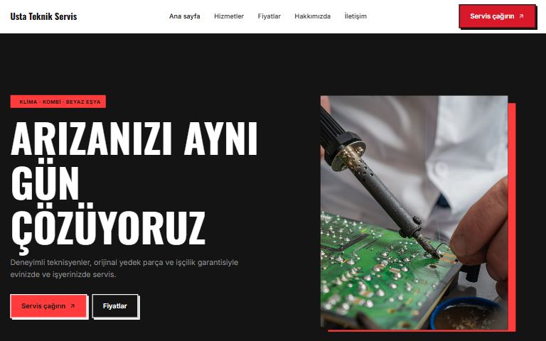 Teknik servis şablonu: Usta Teknik Servis örnek sitesi