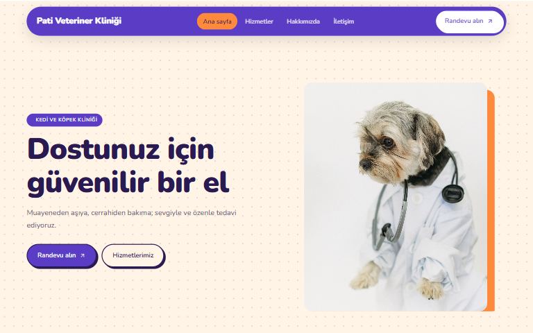Veteriner kliniği şablonu: Pati Veteriner Kliniği örnek sitesi