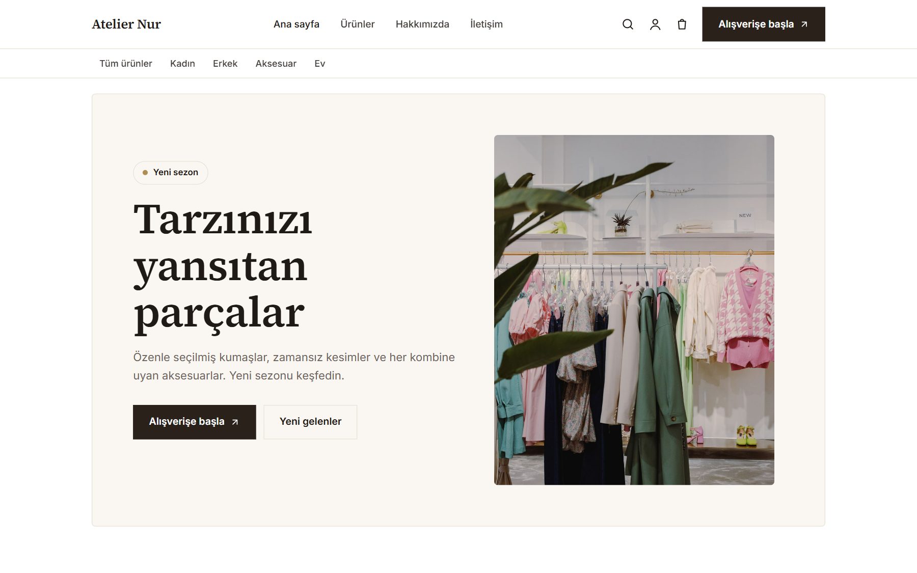 Panasis ile kurulmuş bir moda mağazasının ana sayfası